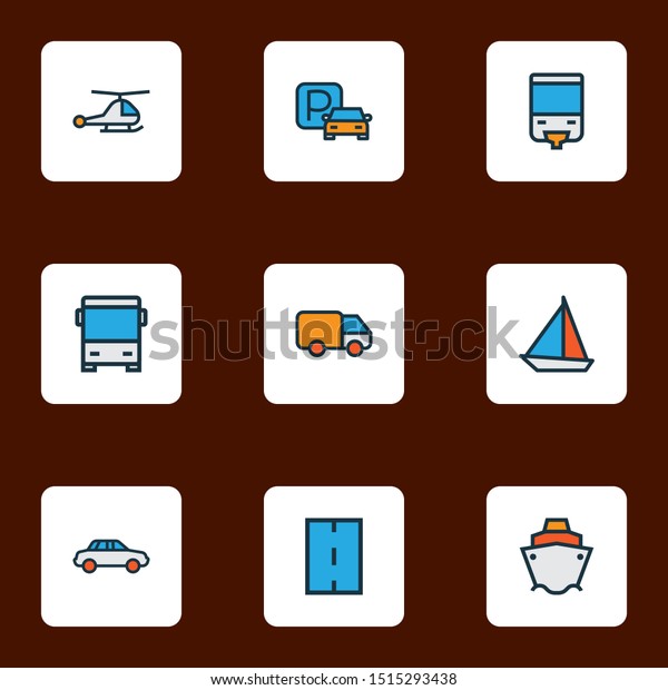 Transportation icons colored line set with car,\
bus, sail boat and other yacht elements. Isolated illustration\
transportation\
icons.