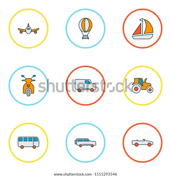 Transportation icons colored line set with suv,\
plane, air balloon and other yacht elements. Isolated illustration\
transportation\
icons.