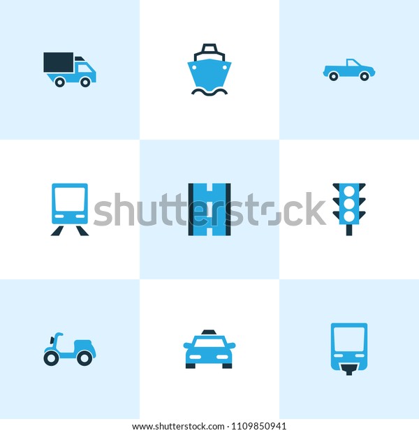 Transportation icons colored set with traffic\
light, cargo, tram and other scooter elements. Isolated \
illustration transportation\
icons.