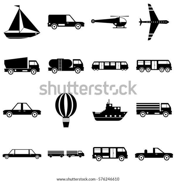 Transportation items icons set. Simple\
illustration of 16 transportation items  icons for\
web