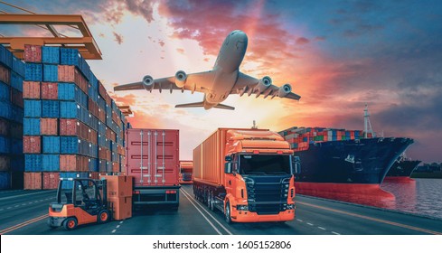 Transportation and logistics of Container Cargo ship and Cargo plane. 3d rendering and illustration.