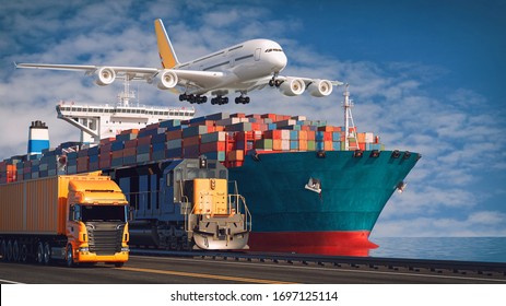 Transport und Logistik von Containerschiffen und Frachtflugzeugen. 3D-Darstellung und Illustration.