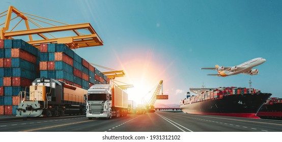 Transport und Logistik von Containerschiffen und Frachtflugzeugen. 3D-Darstellung und Illustration.
