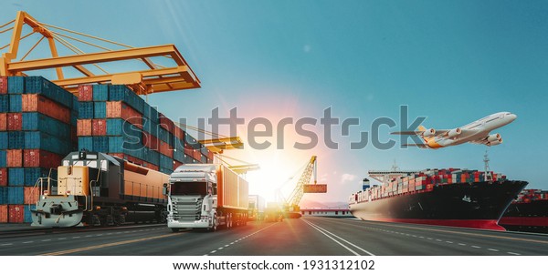 Transportation and logistics of\
Container Cargo ship and Cargo plane. 3d rendering and\
illustration.