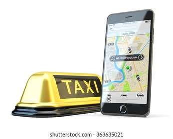 Transportation network app, calling a cab by mobile phone concept, modern smartphone with application for online taxi service order on screen and yellow taxi sign isolated on white