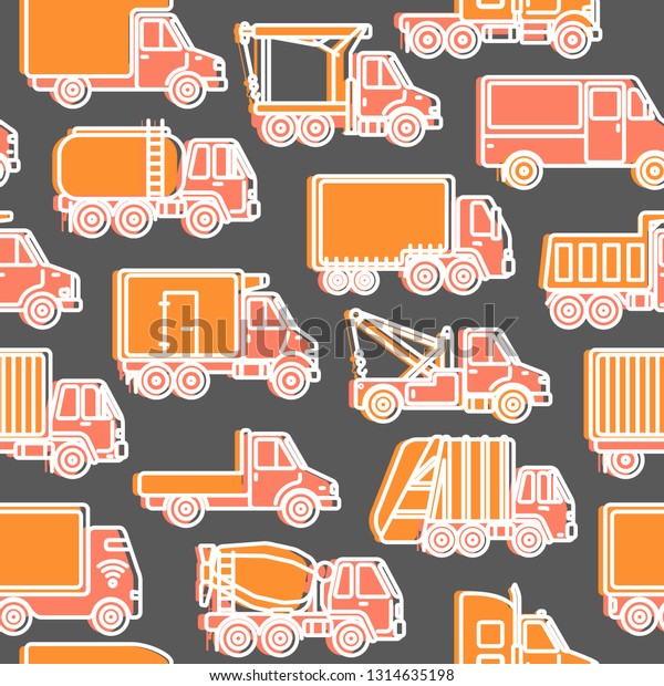 Transportation\
seamless pattern with different types of trucks in line style.\
Trucking industry repeating\
background.