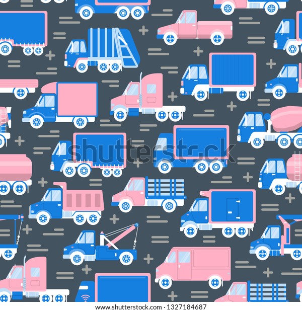 Transportation\
seamless pattern with different types of trucks in flat style.\
Trucking industry repeating\
background.