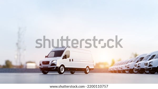 Transportation van and fleet of\
cargo trucks courier service. Transport, shipping industry. 3D\
illustration