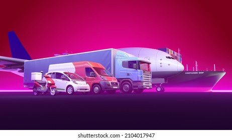 Transportations, shipping and delivery vehicles 3D rendering