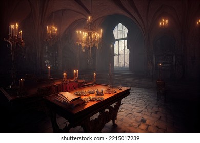 A Transylvanian Victorian living room with a table, sofa, and lounge chairs lit by candles to create an eerie gothic atmosphere for Halloween vampire games. 3D illustration - Powered by Shutterstock