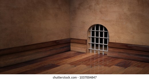 Trap, prison concept. Mouse hole with steel grid, empty room, copy space. 3d illustration