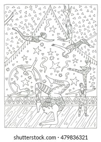 Trapeze artists in circus coloring page