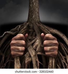 Trapped Concept And Mental Prison Symbol As A Person Caged And Imprisoned By The Slow Growing Tree Roots As A Metaphor For Chronic Ingrained Suffering Due To An Addiction Or Psychological Illness.