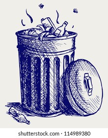 Trash bin full of garbage. Doodle style. Raster version