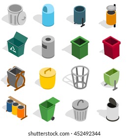 Trash Bin Icons Set In Isometric 3d Style Isolated On White Background Illustration