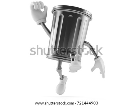 Trash can character jumping in joy isolated on white background. 3d illustration