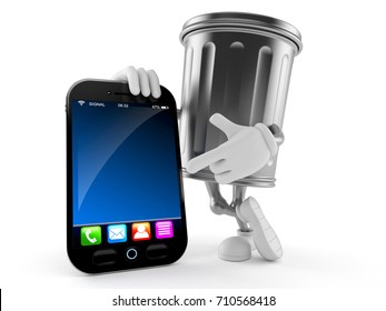 Trash can character with smart phone isolated on white background. 3d illustration