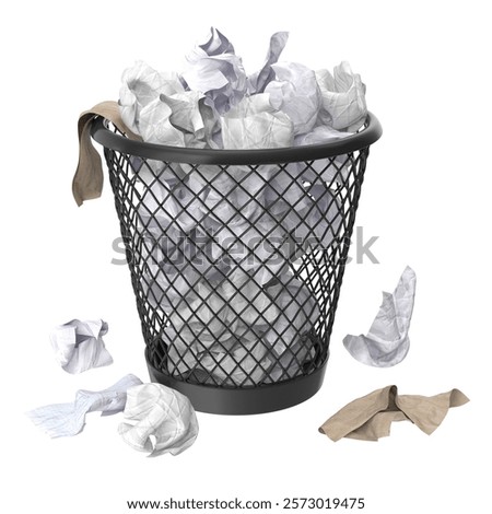 Trash Can and Papers , This is a 3d rendered computer generated image. Isolated on white.
