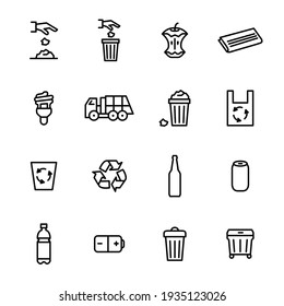 Trash Garbage Related Black Thin Line Icon Set Include Of Lamp, Bag And Glass Bottle. Illustration Of Icons