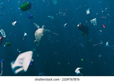 Trash Pollution In Ocean Environmental Problem. Sea Turtle Swimming Through Discarded Rubbish. 3D Illustration