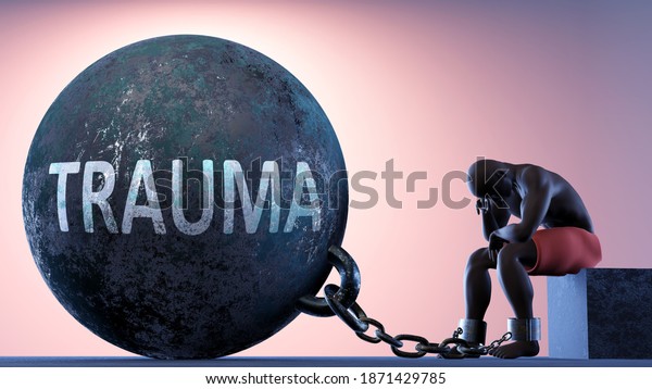 人生の重い重みとしてのトラウマ 囚人のボールに鎖で繋がれた人が トラウマが悲しみであり 苦しみを伴い 心理的な負担であることを示すのを象徴する3d イラスト のイラスト素材