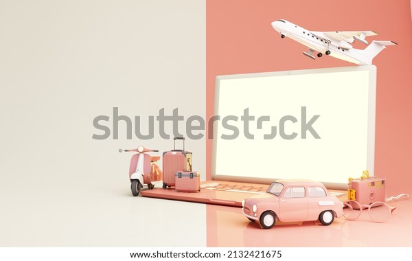Travel and adventure and departure concept
In summer, laptop screen surrounded by luggage, camera, sunglasses,
hat with scooter car airplane. pink and white tones 3d render
illustration
