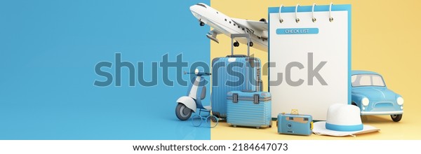 Travel and adventure and departure concept In\
summer, surrounded by luggage, camera, sunglasses, hat with scooter\
car and airplane and world map. pastel tones on web banner form.\
cartoon -3d\
render
