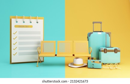 Travel And Adventure And Departure Concept In Summer,check List Form And Airport Chair Surrounded By Luggage, Camera, Sunglasses. Green And Yellow Tones 3d Render Illustration