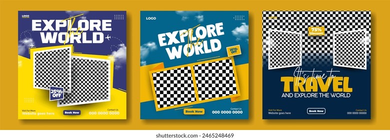 Travel advertisement promotional social media post template bundle - Powered by Shutterstock