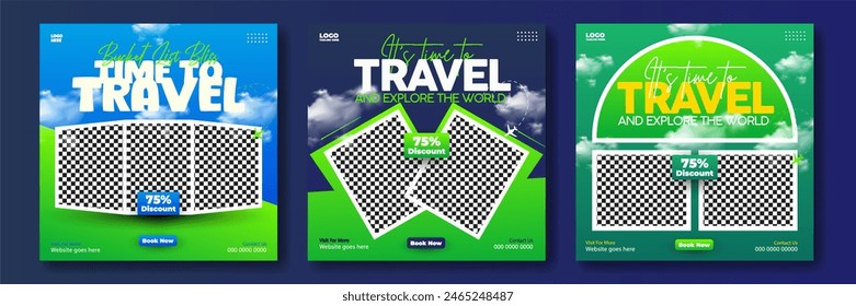 Travel advertisement promotional social media post template bundle - Powered by Shutterstock