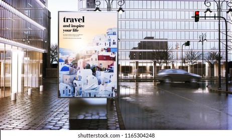 Travel Advertising Billboard Mockup On City Downtown. 3d Rendering.