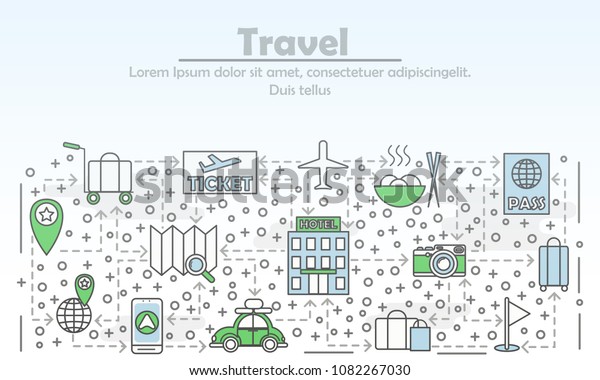 Travel advertising illustration. Modern thin\
line art flat style design element with travel symbols, icons for\
website banners and printed\
materials.