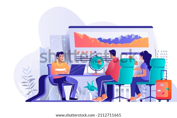 Travel agency concept in flat design. Operator\
helps clients choose tours for recreation scene template. Planning,\
preparation of trip around world. Illustration of people characters\
activities