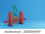 Travel to America USA Background. Statue of liberty and Golden gate bridge isolated on purple background. 3D Render Illustration.