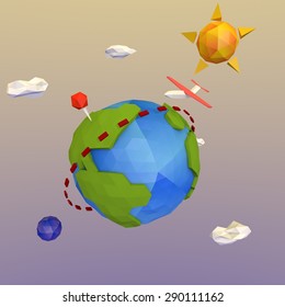 Travel Around The World. 3D Earth, Low Poly Modeling.