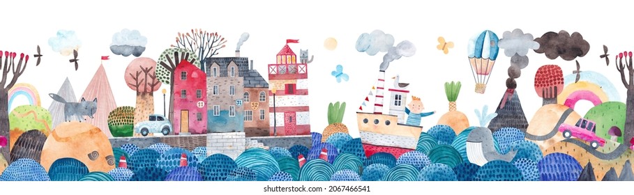 Travel around the world by ship, car and hot air balloon. Watercolor illustration. Children's border. Horizontal illustration. Cute landscape.