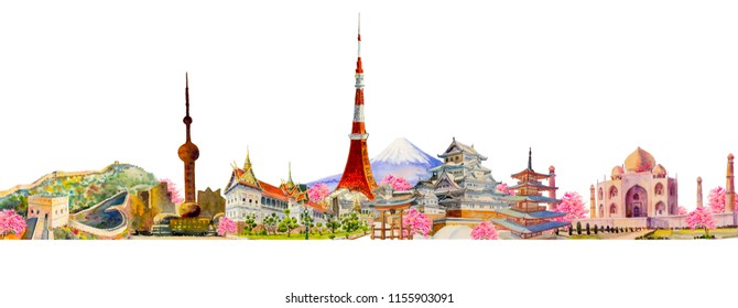 Travel Around The World And Sights. Famous Landmarks Of The World Grouped Together. Watercolor Hand Drawn Painting Illustration, Landmark Of Asia On White Background, Popular Tourist Attraction.