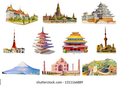 Travel around the world and sights. Famous landmarks of the world grouped together. Watercolor hand drawn painting illustration, landmark of Asia on white background, popular tourist attraction.