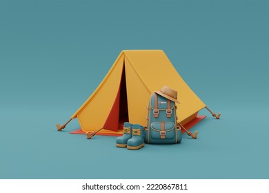 Travel Backpack With Camping Equipment Outside Tent On Camping Site, Elements For Camping, Summer Camp, Traveling, Trip, Hiking, 3d Rendering.

