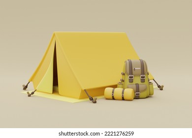 Travel Backpack With Camping Equipment Outside Tent On Camping Site, Elements For Camping, Summer Camp, Traveling, Trip, Hiking, 3d Rendering.

