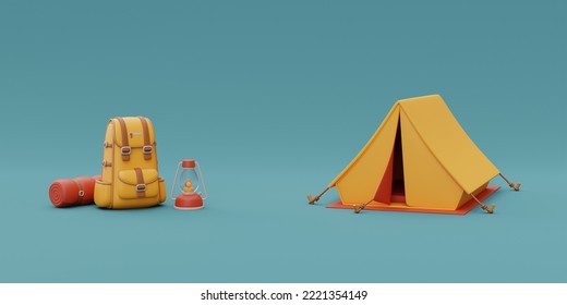 Travel Backpack With Camping Equipment Outside Tent On Camping Site, Elements For Camping, Summer Camp, Traveling, Trip, Hiking, 3d Rendering.

