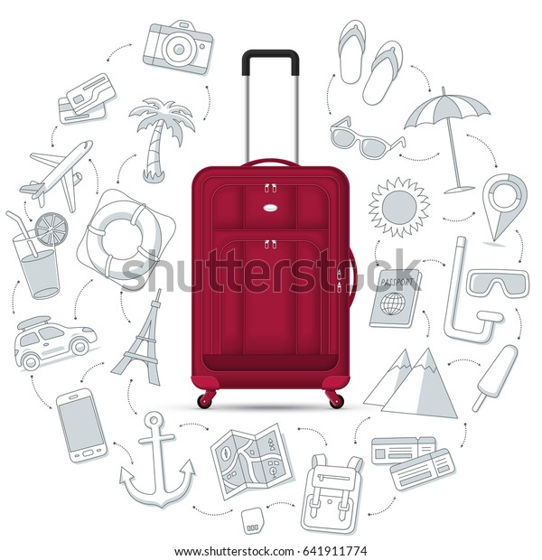 Travel bag with the set of tourism, journey, trip,\
tour, summer vacation doodle icons. Time to travel concept\
illustration. Bitmap\
copy