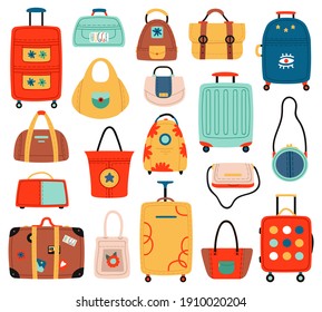 Travel Bags. Handle Travel Luggage Bag, Suitcase And Fashion Ladies Handbags, Tourism Shopping Bag. Luggage Handbags  Illustration Set. Travel Bag And Luggage, Adventure Baggage And Briefcase