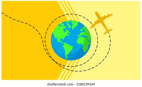 Travel. Banner Orange And Yellow Background, Planet Earth And Plane Trajectory