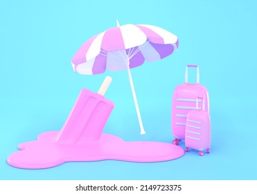 Travel Banner. Suitcases And Melting Ice Cream Under Striped Beach Umbrella. Pink Popsicle Fallen Upside Down, Puddle Of Melted Sweet Liquid, Molten Texture. Concept Summer Journey, 3d Render