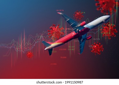 Travel Business Stock Market Chart With Plane Airline Transportation. COVID-19 Crisis Impact On Global Aviation Industry With Red Virus Symbol 3D Illustration