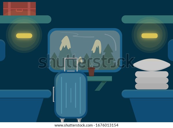 travel by train, compartment for two, night,\
mountains outside the window, night compartment, suitcase, bag,\
night lighting,\
romance