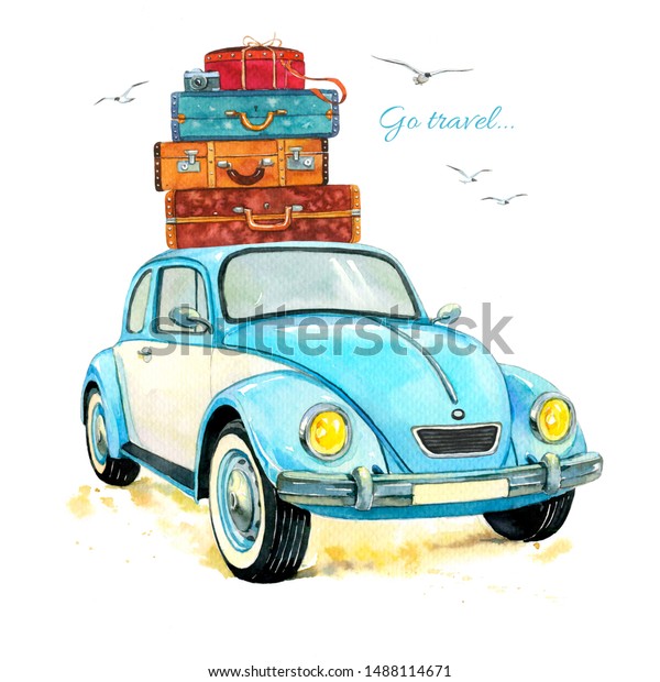 Travel car. Retro car with\
suitcases on the roof on a white background. Watercolor\
illustration.