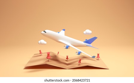 Travel concept 3d illustration, Airplane flying over the map pin.