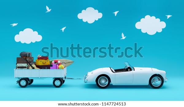 Travel concept, Car\
with luggage ready for summer vacation on blue background 3D render\
3D illustration